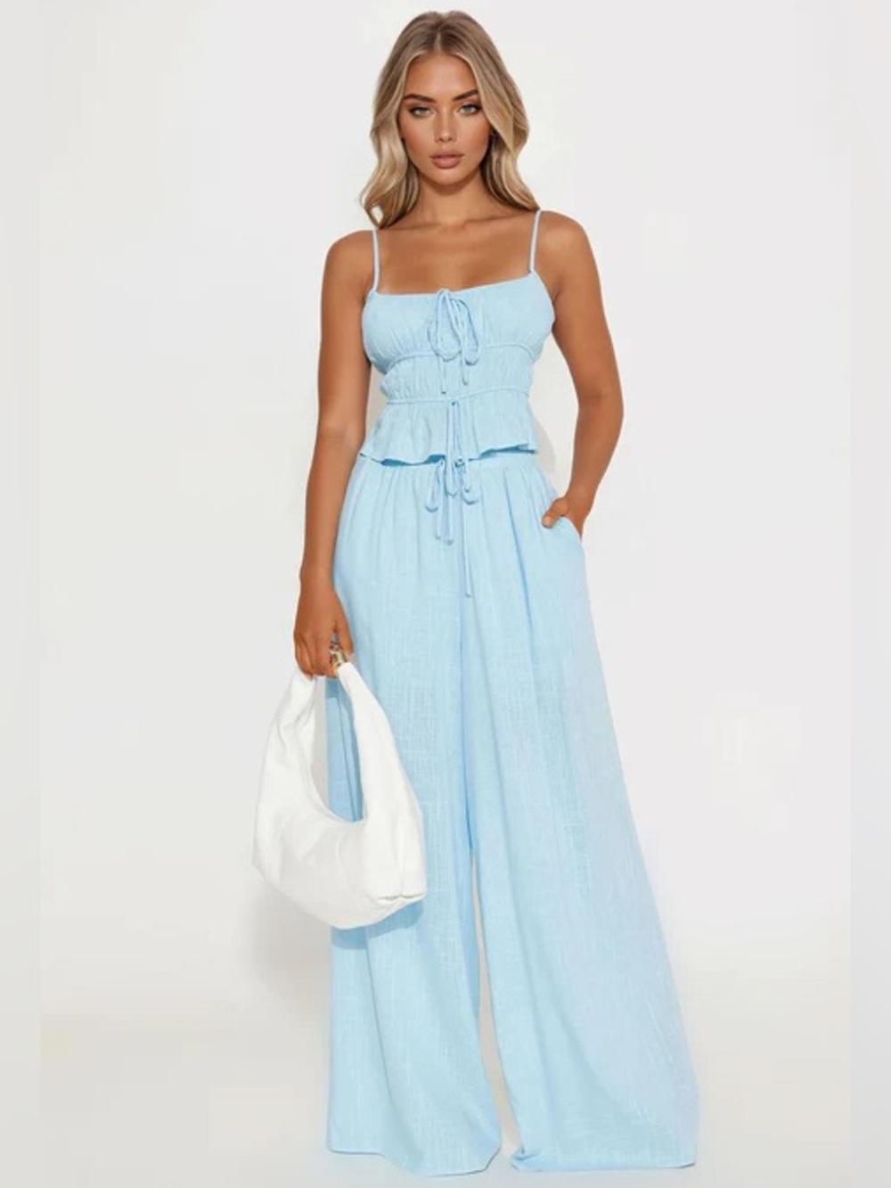 Fashion Nova Romance Linen Wide Leg Pant Set - Light Blue